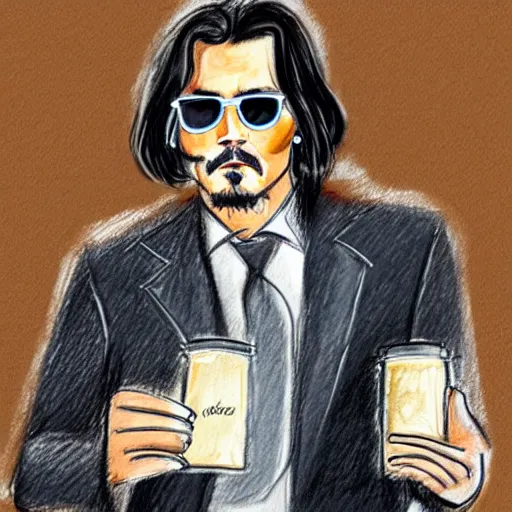 Prompt: Courtroom Sketch of Johnny Depp holding up a jar of brown blobs