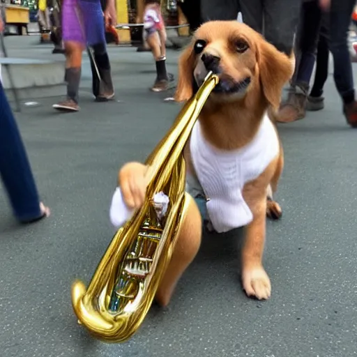 Image similar to a cute lil' trombone dog