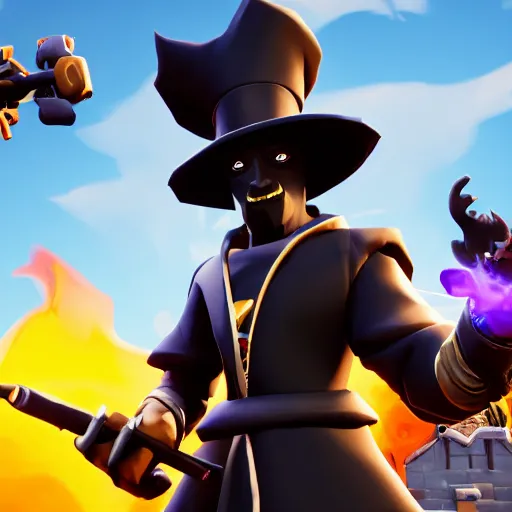 Prompt: an anthropomorphic black goat wizard in fortnite, black wizard robes, holding a gun