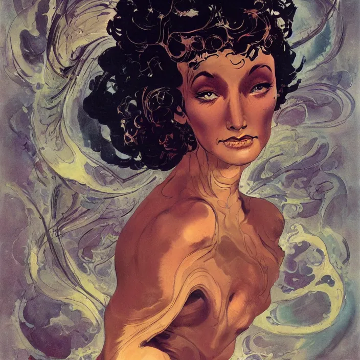 Image similar to portrait of a woman with swirling hair and fractal skin by frank frazetta, retrofuturism, psychedelic art reimagined by industrial light and magic