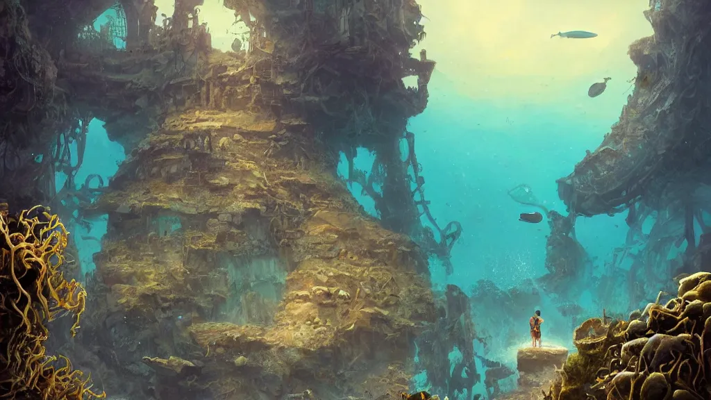 Image similar to A diver is under the sea, he has a treasure with him, he is swimming away from the giant Nessie that is behind hunting him, this is an extravagant planet with wacky wildlife and some mythical animals, the background is full of ancient ruins, the ambient is vivid with a terrifying atmosphere, by Jordan Grimmer digital art, trending on Artstation,