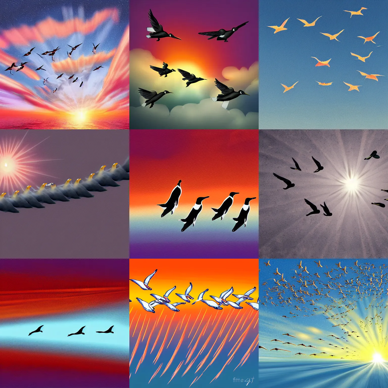 Prompt: Flock of flying penguins breaking the sound barrier in the sky at sunset, digital art