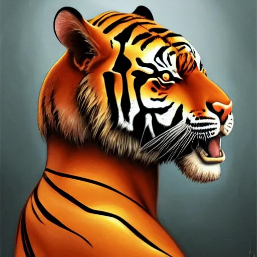 Image similar to portrait of a tiger with a humanoid face, male, handsome, masculine, full body, red hair, long hair, soft hair, fantasy, intricate, elegant, highly detailed, suit, coffee shop, digital painting, artstation, concept art, character art, smooth, sharp focus, illustration, art by artgerm and greg rutkowski and alphonse mucha