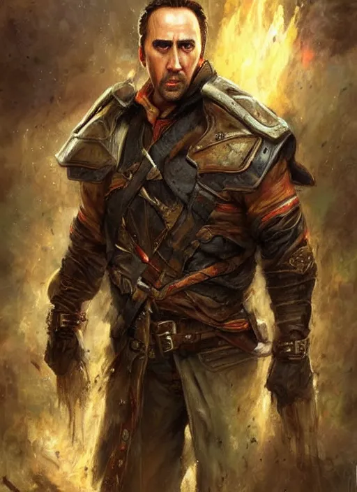 Prompt: highly realistic nicholas cage as a ranger painted by raymond swanland