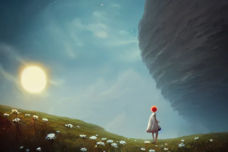 Image similar to giant white daisy flower under the head, girl standing on cliff, surreal photography, solar eclipse, milky way, dramatic light, impressionist painting, clouds, digital painting, artstation, james gilleard, liam wong, jeremy mann, simon stalenhag