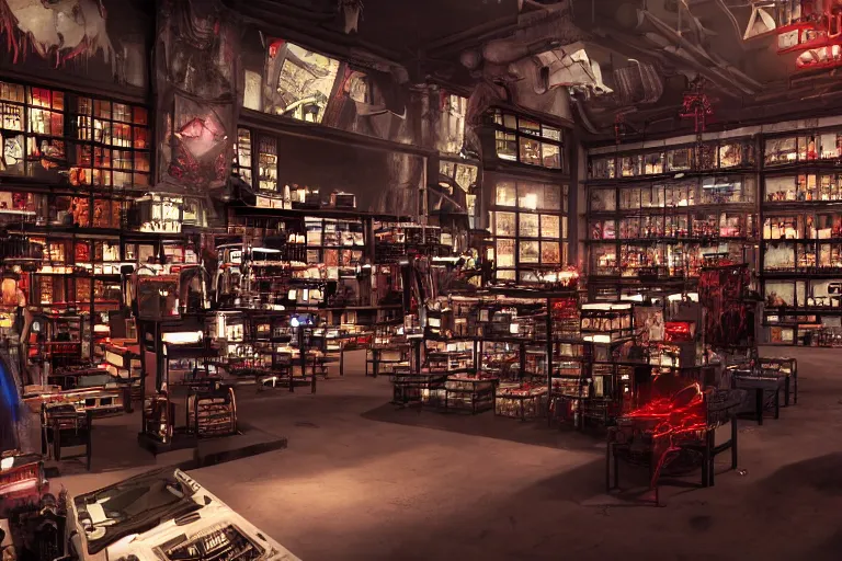 Image similar to Cybertron, inside of a Hot Topic store for goth Decepticons, check out register, cinematography by Wes Anderson, 4k octane render, photorealistic , cinematic lighting, Artstation