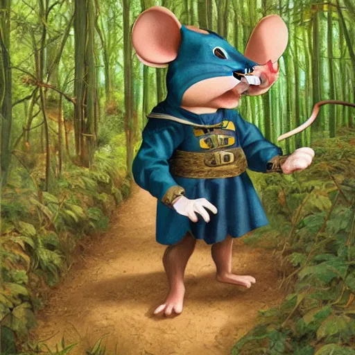 Prompt: an adventurous anthropomorphic mouse wearing medieval clothing walking through a lush forest, Alex Ross