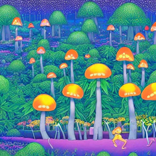 Image similar to cannabis magic mushrooms people advocating for their own freedom to grow pot plants in their backyards, colorful whimsical fantasy, by chiho aoshima