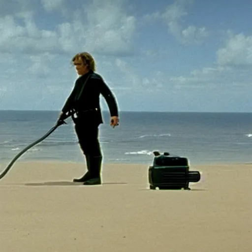 Prompt: Anakin Skywalker!!!, vacuuming on a beach, still from star wars,