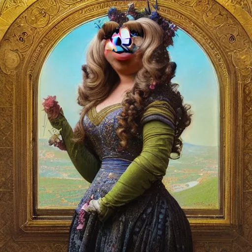 Image similar to Epic Masterpiece head and shoulders portrait of Miss Piggy drawn by Donato Giancola and Tom Bagshaw, Edmund Leighton, Alphonse Mucha, background by James Jean and Gustav Klimt, 4k, porcelain skin, volumetric lighting, komorebi, french nouveau, trending on artstation, octane render, hyperrealistic