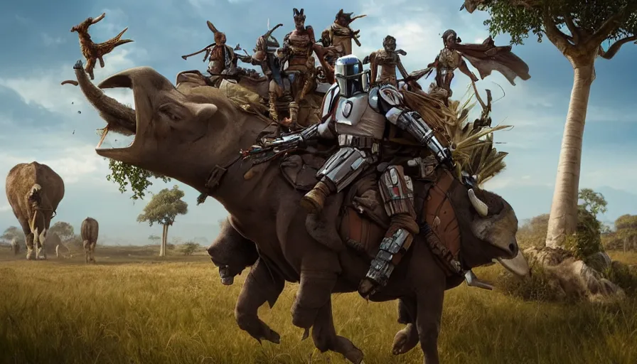 Image similar to mandalorian riding a buffalo, madagascar with baobabs trees in the background, animals chasing, action scene, an epic fantasy, artgerm and greg rutkowski and alphonse mucha, an epic fantasy, volumetric light, detailed, establishing shot, cinematic, photorealistic, hyper detailed, ultra realistic, trending on art station, octane render, midsommar