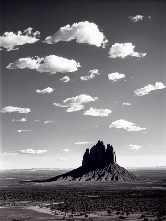 Image similar to photo of shiprock, hogback ridge, high aerial view, the foreground is brightly lit by sun, and the background clouds are dark and foreboding. kodak portra 4 0 0