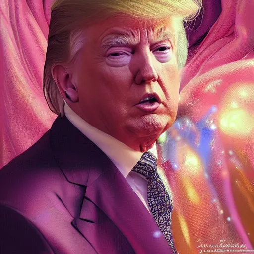 Prompt: dream portrait of donald trump , dreamy and ethereal, expressive pose, big pink eyes, exciting expression, fantasy, intricate, elegant, many rainbow bubbles, rose tones, highly detailed, digital painting, artstation, concept art,cyberpunk wearing, smooth, sharp focus, illustration, art by artgerm and greg rutkowskiand alphonse mucha,Salvador Dali.