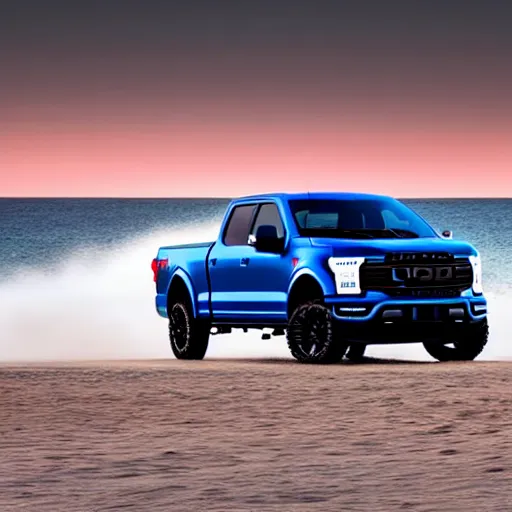 Image similar to Ford F150 Hydro Blue 2022 Truck on a Red Sand Beach at sunset