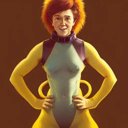 Prompt: Full-Body Portrait of Squirrel Girl, cosplay, Marvel, fantasy, wearing large squirrel tail, symmetrical face, freckles, intricate, elegant, highly detailed, nature, yellow mist, digital painting, artstation, concept art, matte, sharp focus, illustration, art by Artgerm and Greg Rutkowski and Alphonse Mucha