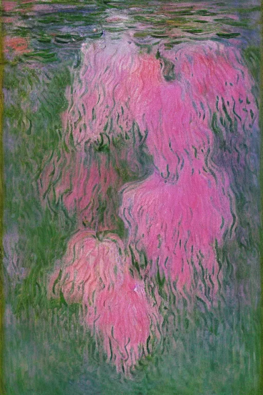 Prompt: a cluster of pink dripping clematis liquefying dripping with pink paint by claude monet by salvador dali, oil on canvas