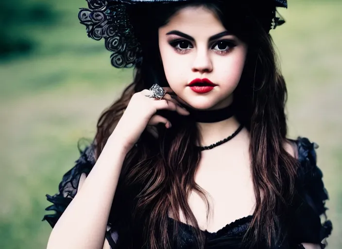 Image similar to closeup portrait of selena gomez wearing adorable victorian gothic lolita fashion, portra 4 0 0 candid photograph portrait by annie leibovitz, 3 5 mm macro shot, f / 3 2, hyperrealistic, cinematic lighting, hd wallpaper, 8 k, 4 k