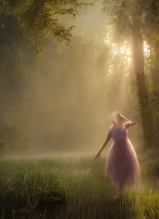 Image similar to misty swamp, hazy fog, sundown golden hour, girls early morning dance, smile, fireflies and sparkling wisps, sun rays through trees, Lilia Alvarado, Sophie Anderson, Mark Arian, Bob Byerley, Charlie Bowater, Mark Brooks, Steve Henderson, Justin Gerard, Arthur Hughes, Edward Robert Hughes, Mark Keathley, Victor Nizovtsev, Carlos Shwabe, Ross Tran, WLOP