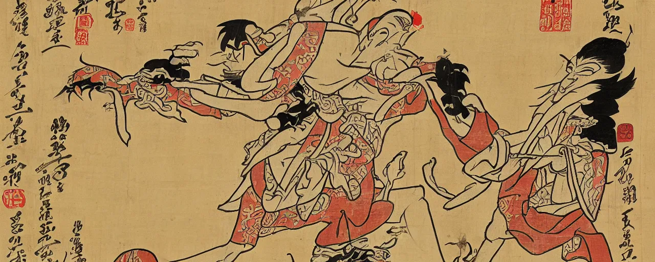 Image similar to an ancient papyrus depicting an infography of a japanese folklore demon, okami, ukiyo - e style