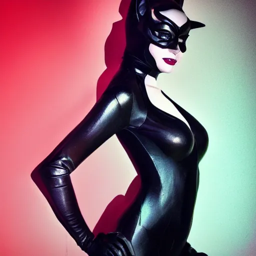 Image similar to Full-body portrait of Emma Stone as catwoman, trending on Artstation, realistic studio lighting, realistic shadows, by Jason Chan