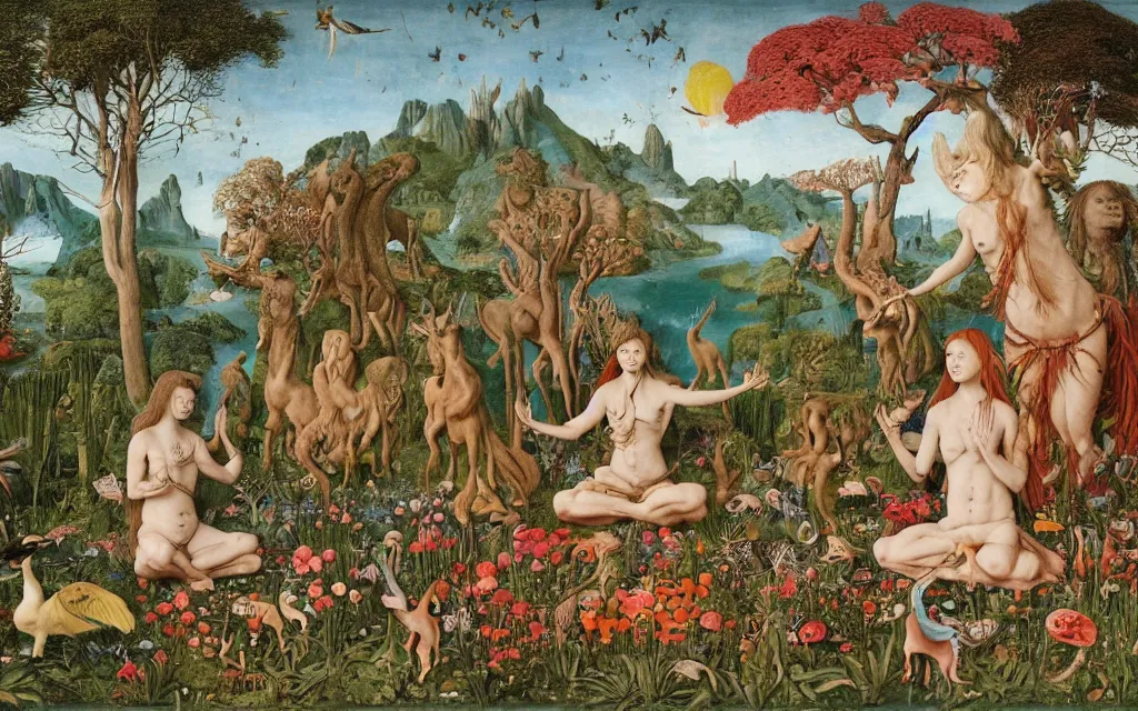 Image similar to a photograph of a meditating centaur shaman and a harpy mermaid feeding animals. surrounded by bulbous flowers, animals and a few trees. river delta with mountains and cliffs under a blue sky full of burning stars and birds. painted by jan van eyck, max ernst, ernst haeckel, ernst fuchs and artgerm. trending on artstation