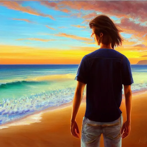 Prompt: a teen guy with a mullet, portrait, sunset, ocean in distance, oil painting, pale colors, high detail, 8 k, wide angle, trending on artstation,