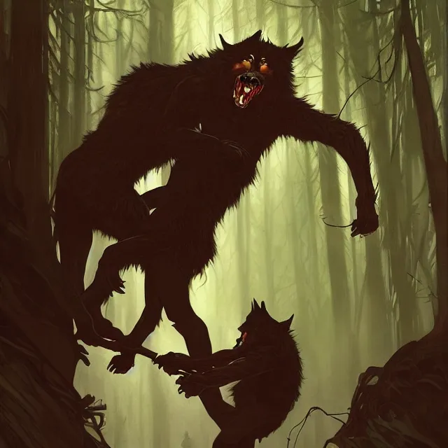 Image similar to a male werewolf with long claws fighting a young fit male vampire in a dark forest at night, by greg rutkowski and alphonse mucha, gradient brown to red, highly detailed, digital painting, artstation, concept art, smooth, sharp focus illustration