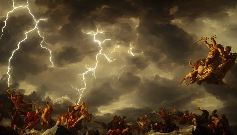 Image similar to baroque painting of zeus throwing lightning bolts on poseidon, hyperdetailed, artstation, cgsociety, 8 k