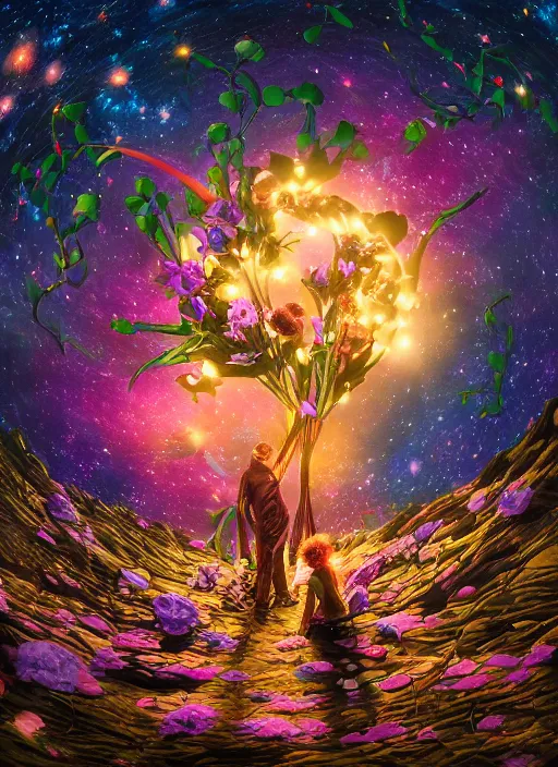 Image similar to An epic fantastic realism comic book style painting of the most beautiful entwined flowers launched across the dark and starry night sky, nebulous bouquets, fisheye lens, unreal 5, DAZ, hyperrealistic, octane render, dynamic lighting