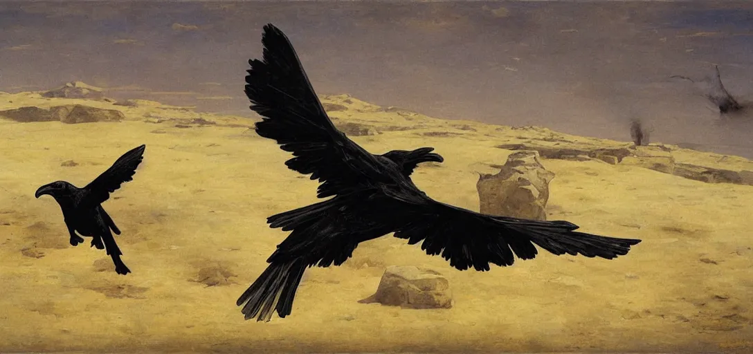 Prompt: a flying raven in a huge desert, sci - fi by emile friant and moebius