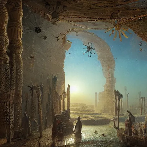 Image similar to detailed painting of a multiverse gateway in ancient mesopotamia in the middle of a sulphur lake, filigree ornaments, andreas achenbach, simon stalenhag