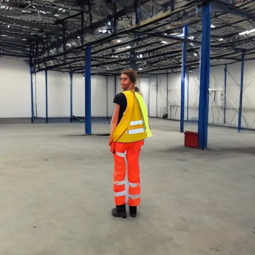 Image similar to photo, extreme far shot, emma watson in a hi vis vest, in warehouse, android cameraphone, 2 6 mm,