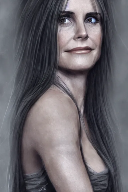 Prompt: young blonde courteney cox as a witch, detailed full body portrait, amazing detail, intricate, elegant, photorealistic, 4K, character design, fantasy, trending on artstation