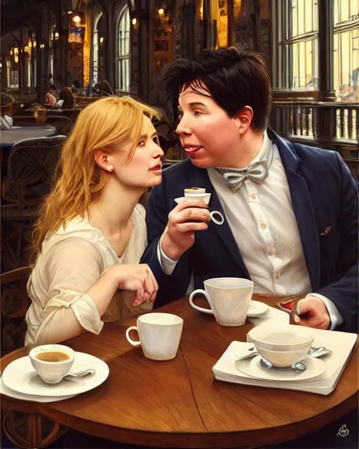 Prompt: Portrait of Michael Mcintyre & a blonde lady having coffee & croissants at waterfront in Porto,real life skin, intricate, elegant, highly detailed, artstation, concept art, smooth, sharp focus, art by artgerm and greg rutkowski and alphonse mucha