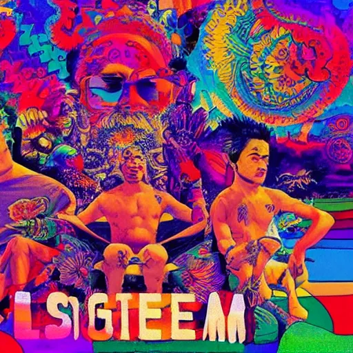 Image similar to LSD dream, one mexican man, one asian man, one white man, one black man, sitting on couch, melting atmosphere, 4k