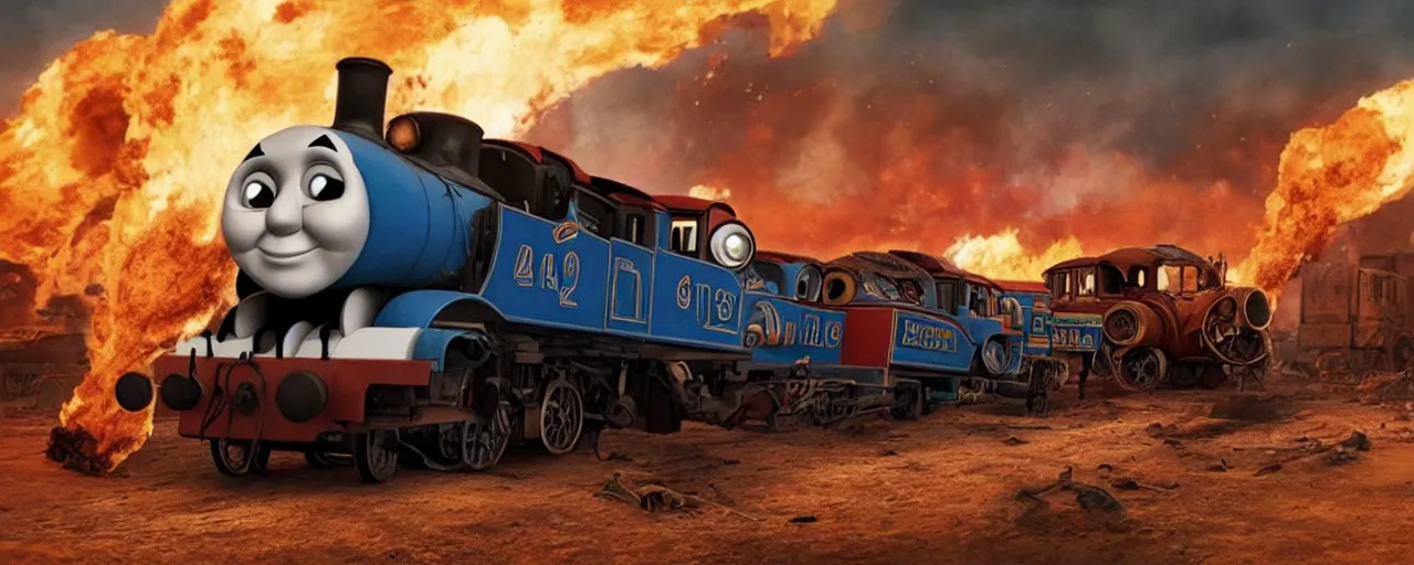 Image similar to Thomas the Tank Engine in the fiery Wasteland of MAD MAX: FURY ROAD