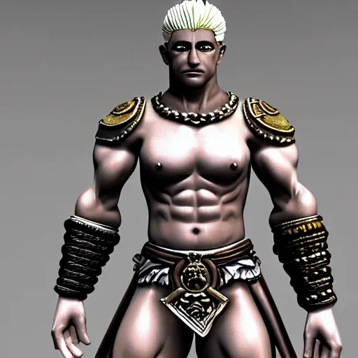 Image similar to roman general with a bodybuilder build, shaved white hair, loincloth, stern look, 4K, detailed, drawn by Sakimi chan