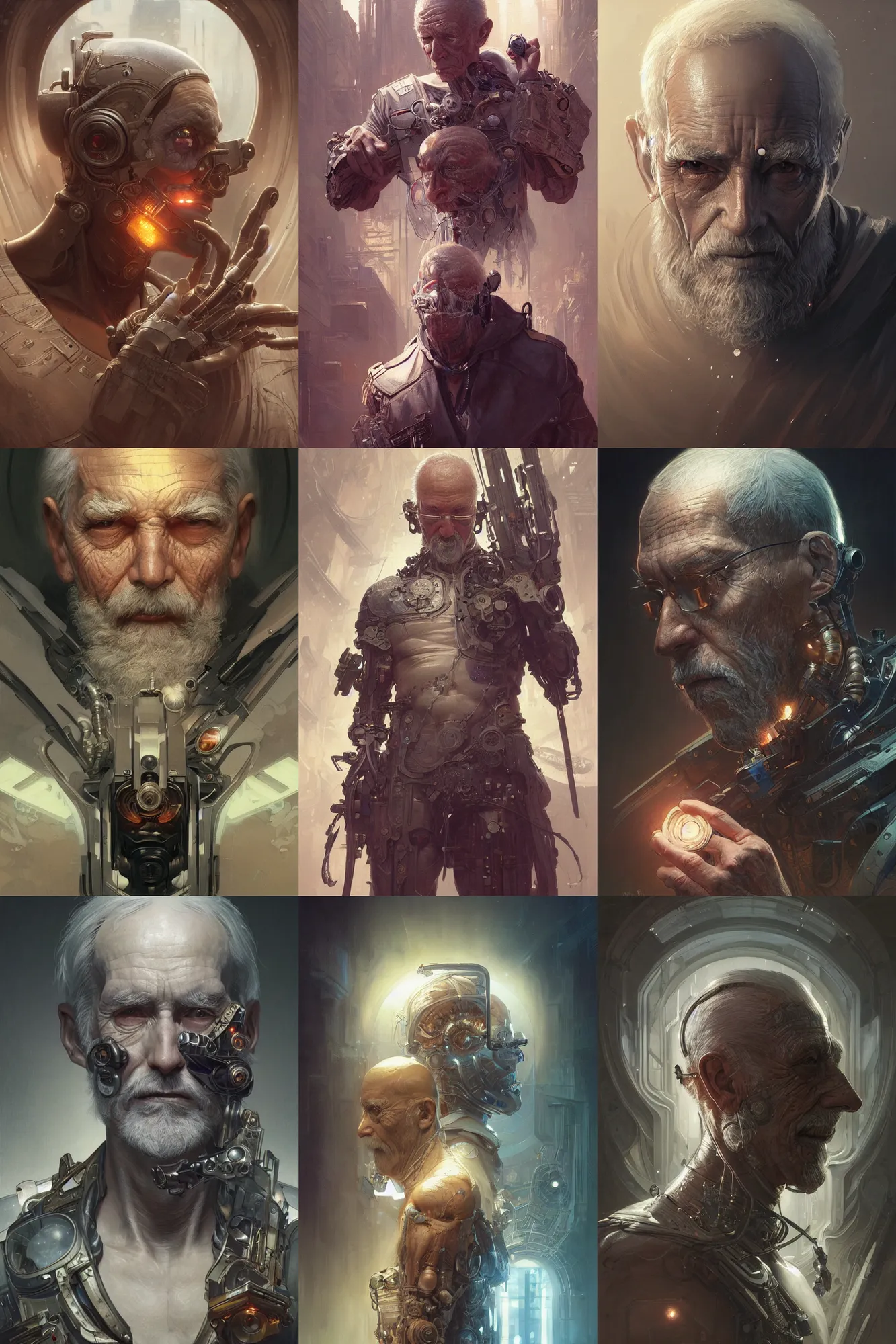 Prompt: Ultra realistic illustration, old man cyborg, cyberpunk, sci-fi, fantasy, intricate, elegant, highly detailed, digital painting, artstation, concept art, smooth, sharp focus, illustration, art by artgerm and greg rutkowski and alphonse mucha