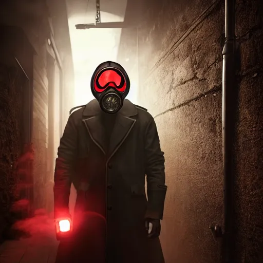 Image similar to hooden villain wearing a gas mask with red goggles, mask rider, smoke coming out of his body and coat, dark background, in a dark alley, unreal engine 5, ultra realistic, detailed, fog, volumetric lighting, by greg rutkowski,