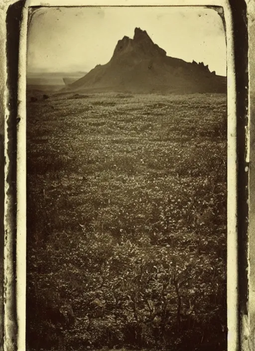 Prompt: old wetplate daguerreotype landscape of the high hills in the sun, dubbel negative exposure, explosion of data fragments, fractal, intricate, elegant, highly detailed, parallax, leica, medium format, subsurface scattering, by jheronimus bosch and greg rutkowski and louis jacques mande daguerre