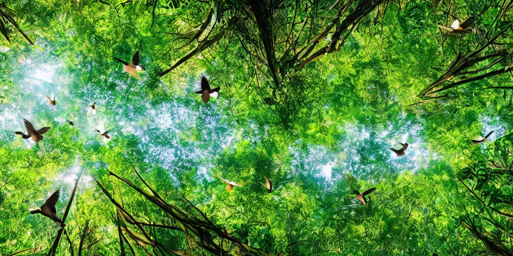 Image similar to horizontal view of sunlit rainforest treetops with flying birds, photograph, 4 k