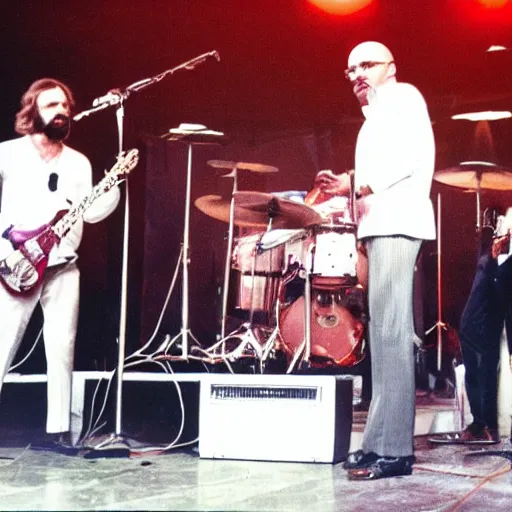 Image similar to A photo of Walter White performing with a 1970s funk band