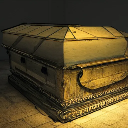 Prompt: A glowing dilapidated coffin