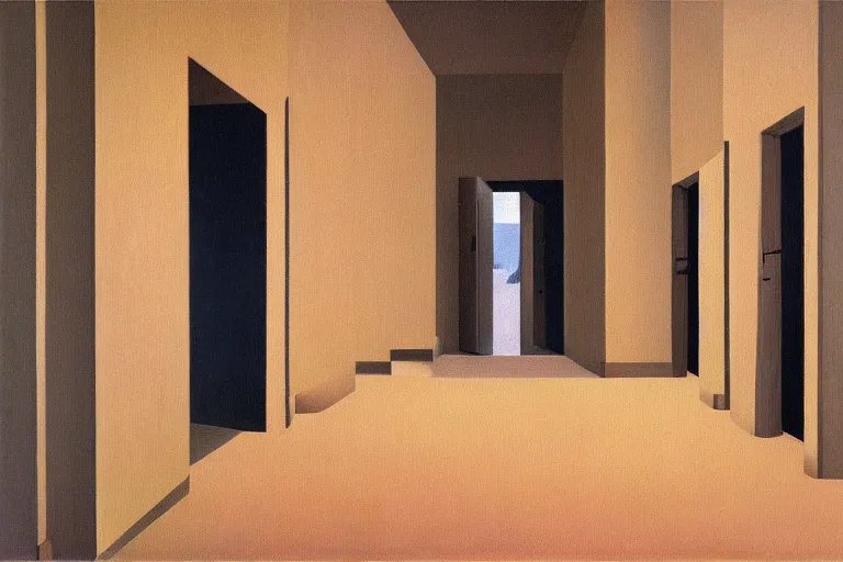 Prompt: hallway of doors by rene magritte, detailed painting, hd, hq, high resolution, high detail, 4 k, 8 k