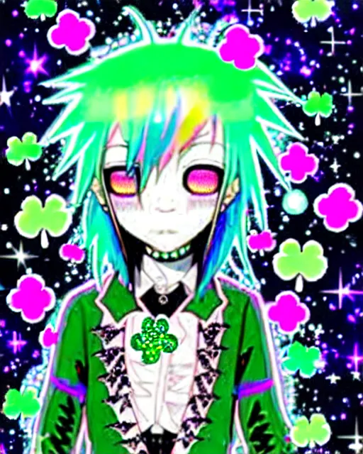 Prompt: a hologram of decora styled green haired yotsuba koiwai wearing a gothic spiked jacket, background full of lucky clovers and shinning stars, holography, irridescent, baroque visual kei decora art