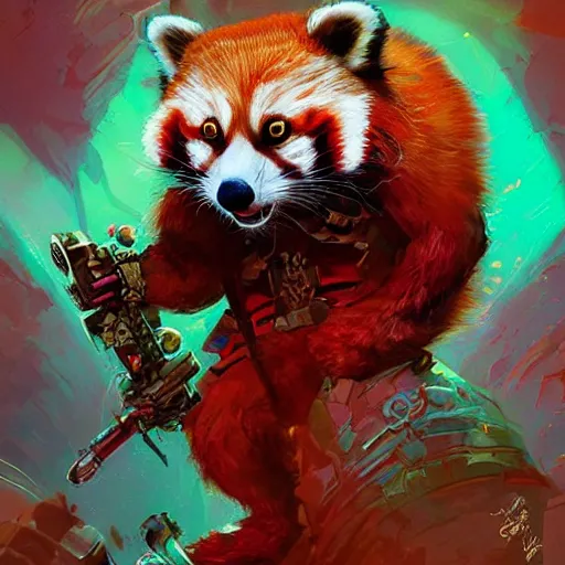 Image similar to red panda as warhammer 4 0 0 0 0 character, digital illustration portrait design, by android jones and greg rutkowski, retrowave color scheme, detailed, cinematic lighting, wide angle action dynamic portrait