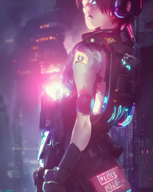 Image similar to anime key visual of a young female police officer, neon, futuristic gas mask, cyberpunk, futuristic, stunning, highly detailed, digital painting, artstation, smooth, soft focus, illustration, art by artgerm and greg rutkowski and alphonse mucha