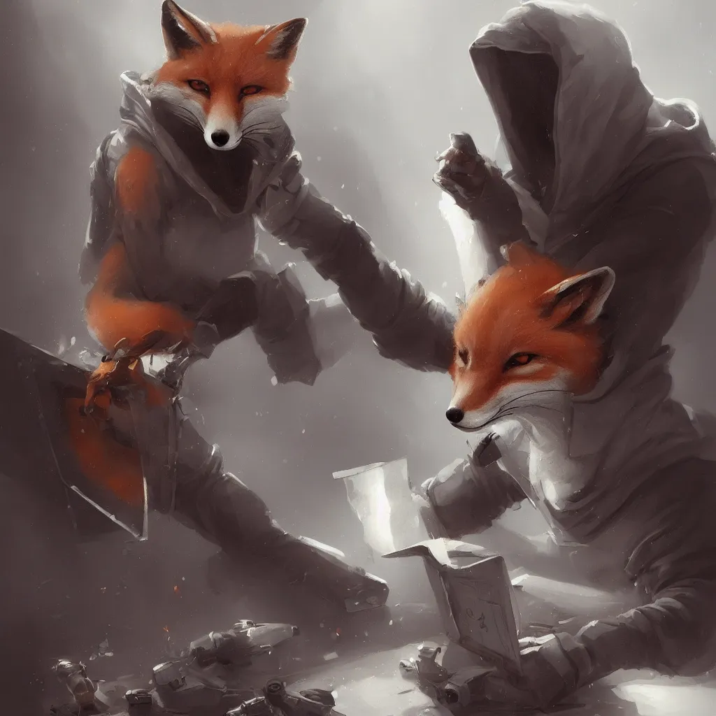 Prompt: an anthropomorphic fox in a hoodie sitting in front of a portable black computer, white background, concept art, digital painting, highly detailed, style of by Jordan Grimmer and greg rutkowski, illustration