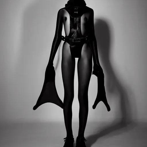 Image similar to fashion photography of an extraterrestrial deformed model, wearing demobaza fashion, inside berghain, berlin fashion, harness, futuristic fashion, dark minimal outfit, photo 3 5 mm leica, hyperdetail, berghain, 8 k, very detailed, photo by nick knight