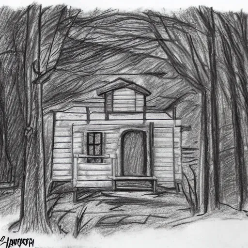 Prompt: a drawing of a Eerie cabin in the middle of the woods in the style of a charcoal drawing